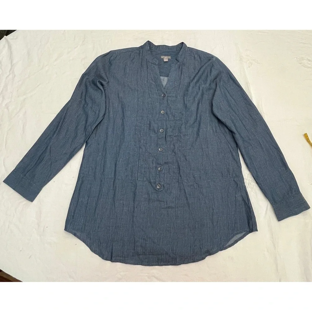 J. Jill Pintuck Tunic Womens M Blue LS Textured Stripe Casual Top Coastal Chic